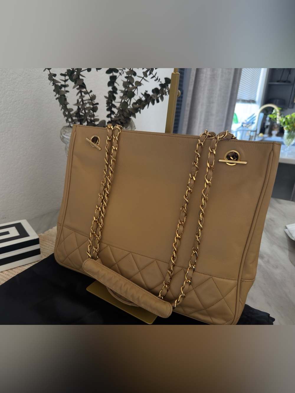 CHANEL Beige Quilted Leather Tote with Gold Chain Straps
